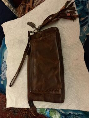Old Trend Bluebell Brown Leather Wristlet Clutch, tassels,beads
